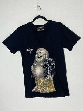 DOMREBEL Black V Neck Rocker Punk Buddha Graphic T Shirt S Designer Streetwear